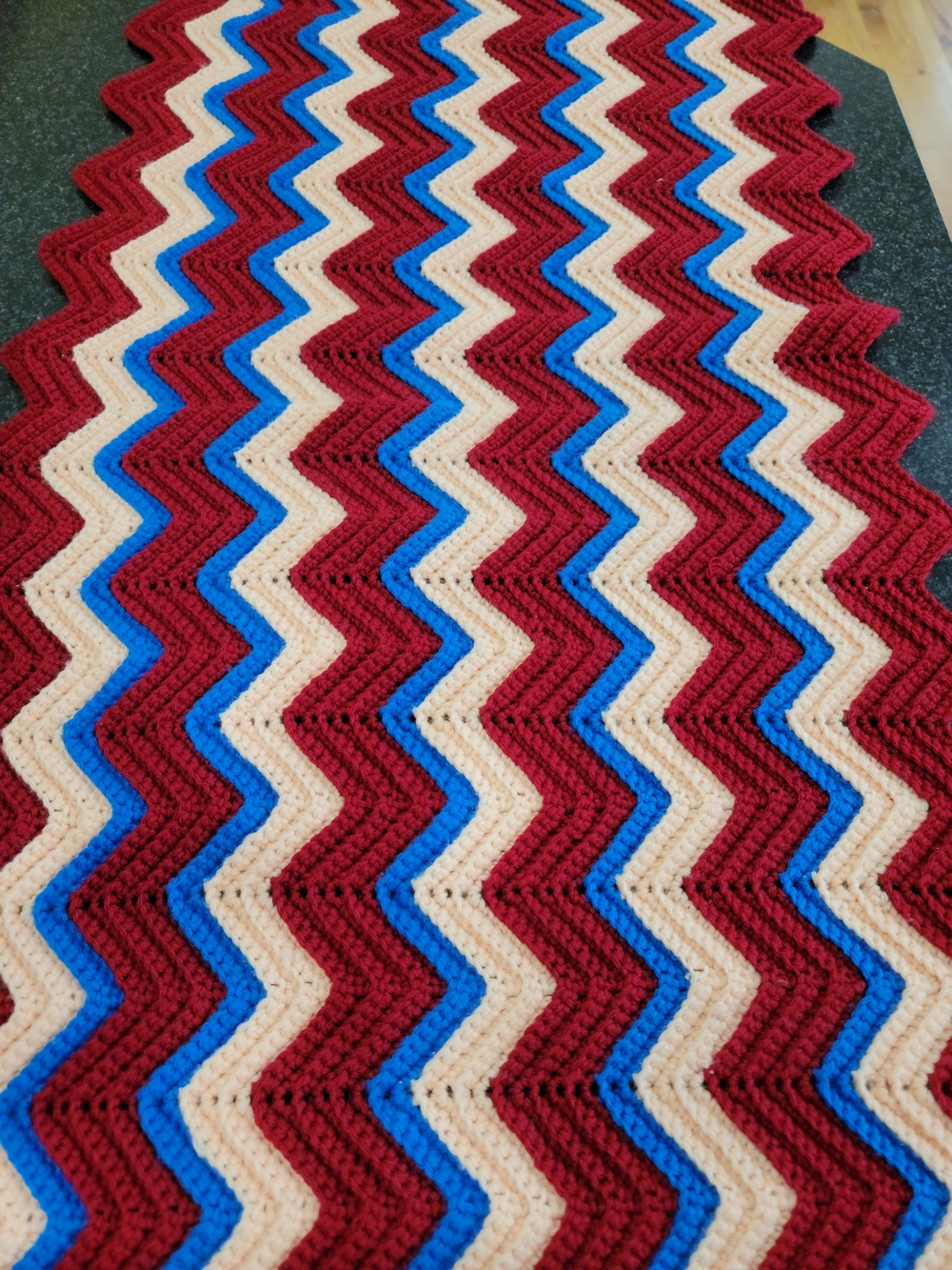 Vintage Handmade Chevron Crochet Throw Blanket - Red, Blue & Cream